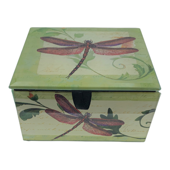 Red Dragonfly Keepsake Box French Inspired Beveled Glass Velvet Lined 4"Square - Picture 7 of 7